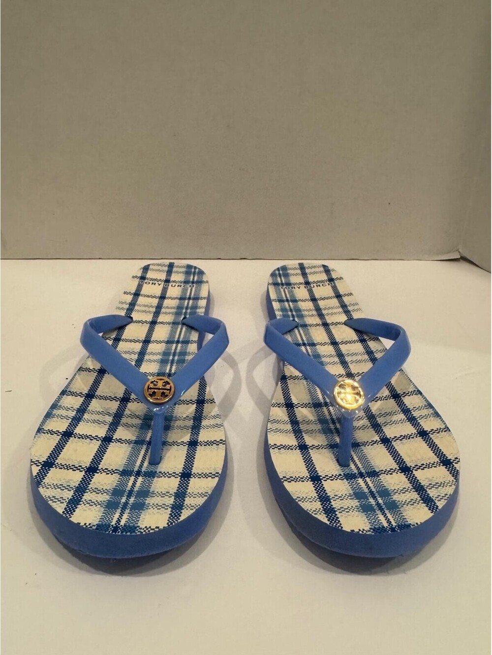 Tory Burch Blue Plaid Flip‑Flops – Signature Gold‑Tone Logo Medallion